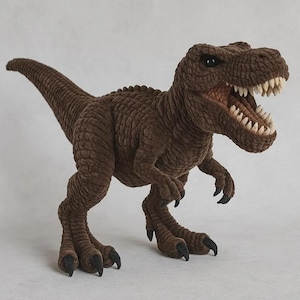 以下が含まれることがあります： 茶色のぬいぐるみ、ティラノサウルスレックスの恐竜のおもちゃ。おもちゃは、詳細な質感のある表面、鋭い白い歯、黒い爪を持っています。恐竜は口を開けて立っており、歯と赤褐色の内側を見せています。