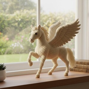 May include: A crocheted Pegasus figurine in cream color, with large wings and a flowing tail. The mythical horse is posed on a wooden surface near a window, with a small succulent plant in a white pot to the left.