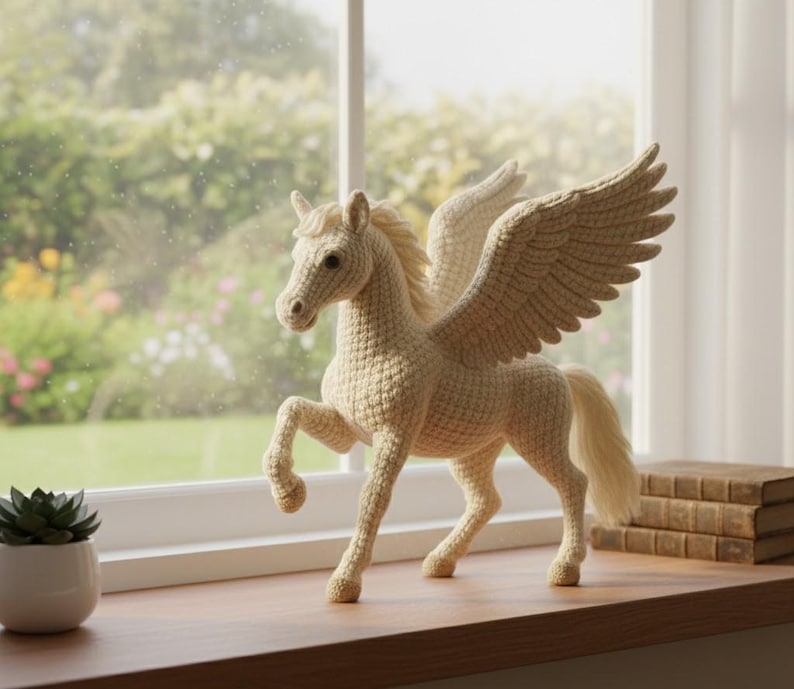 May include: A crocheted Pegasus figurine in cream color, with large wings and a flowing tail. The mythical horse is posed on a wooden surface near a window, with a small succulent plant in a white pot to the left.