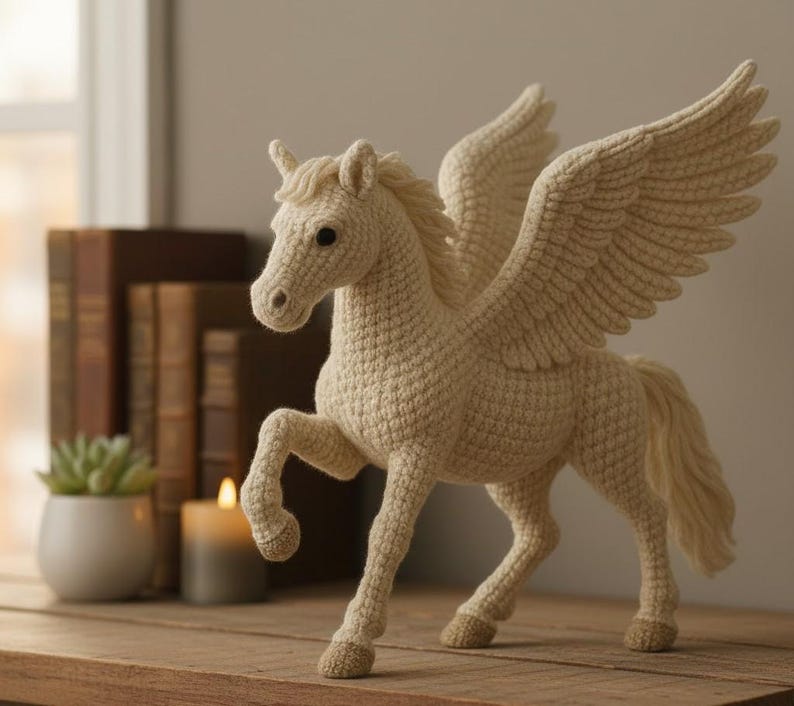May include: A cream-colored, crocheted Pegasus figurine with outstretched wings. The mythical horse has a detailed mane, tail, and hooves. The wings are large and textured. The Pegasus is standing on a wooden surface.