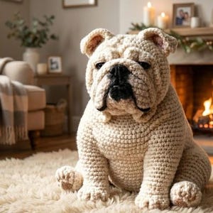 Puede incluir: Un gran bulldog de ganchillo color crema est&aacute; sentado sobre una alfombra esponjosa. El perro tiene una nariz negra y una expresi&oacute;n ligeramente gru&ntilde;ona. El fondo incluye una chimenea con fuego, velas y fotos enmarcadas, lo que sugiere un sal&oacute;n acogedor.