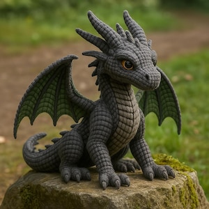 Op de afbeelding: Een gedetailleerde, grijze drakenbeeldhouwkunst met grote, getextureerde vleugels en oranje ogen. De draak zit op een rots met mos, tegen een vage groene achtergrond. De schubben en kenmerken van de draak zijn zorgvuldig vervaardigd.