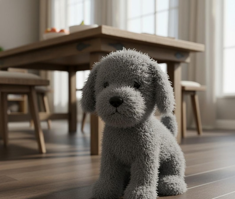 May include: A soft, grey plush puppy dog toy with floppy ears and a small tail. The stuffed animal is sitting on a wooden floor. A wooden table and chairs are in the background. The toy has a fuzzy texture.