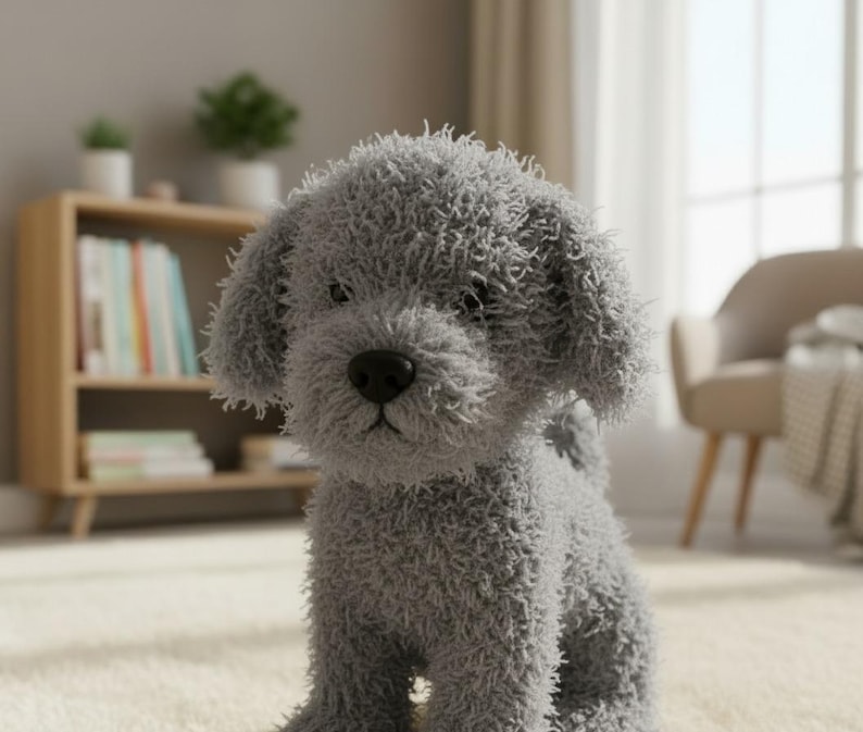 May include: A soft, grey dog toy with a fluffy, textured finish. The toy has a black nose and is positioned on a light-coloured carpet. A wooden bookshelf and chair are visible in the background.