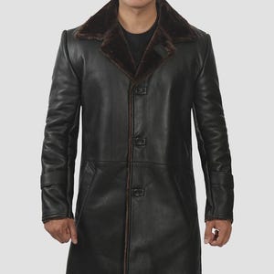 Men’s Black Shearling Leather Coat | Real Leather Winter Jacket | Warm Faux Shearling Lined Overcoat | Handmade Gift for Him | Long Coat Men