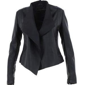 May include: A black leather jacket with an asymmetrical design. The jacket has a wide, draped collar and long sleeves with zip cuffs. The front has a unique, layered construction, and the overall style is modern and edgy.