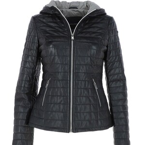 Ladies Black Leather Puffer Jacket with Hood / Real Sheepskin / Winter Outerwear / Warm Quilted Coat / Gift for Her / Stylish & Cozy