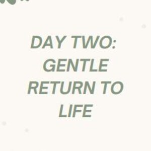 May include: A light beige background with the text "DAY TWO: GENTLE RETURN TO LIFE" in green. The top left corner features a cluster of green floral illustrations.