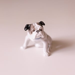 May include: A small ceramic figurine of a bulldog in a seated position. The dog has a white body with brown and black markings on its head and ears. It features a wrinkled face, a black nose, and a blue collar around its neck, rendered in a glossy finish.