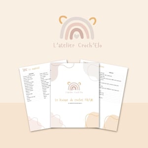 May include: A soft beige and white graphic design featuring the text "L'atelier Croch'Elo" and "Le lexique du crochet FR/UK". The image includes a logo of a rainbow and bear ears, and pages with crochet terminology.