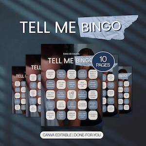 Può includere: Un gioco di bingo digitale intitolato "TELL ME BINGO" con uno sfondo blu scuro. Il gioco presenta caselle di bingo con frasi come "Una coppia si lascia" e "Qualcuno fa un commento sarcastico". Il gioco ha 10 pagine ed è modificabile su Canva.