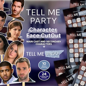 Może przedstawiać: Obraz promocyjny do gry towarzyskiej, przedstawiający wycinki twarzy postaci i karty do bingo. Tekst brzmi "TELL ME PARTY" z "Character Face CutOut" i "TELL ME BINGO". Obraz zawiera 24 obrazy postaci i 10 wersji bingo.