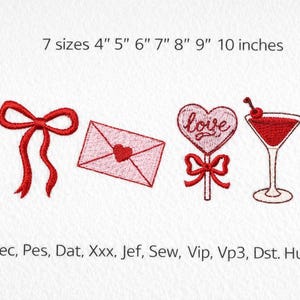 Könnte beinhalten: Rote Stickmotive: eine Schleife, ein Umschlag mit Herz, ein herzförmiger Lolli mit dem Text "love" und ein Cocktail. Erhältlich in 7 Größen, von 10 cm bis 25 cm.