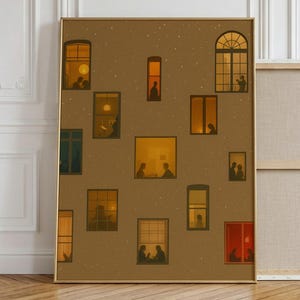 Minimalist Window Silhouette Wall Art Print, Beige Cozy Apartment Decor, Modern Neutral Aesthetic Print, Digital Download Poster Artwork