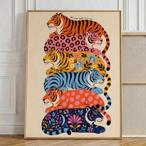 Colorful Tigers Wall Art Print, Kitsch Animal Pattern Wall Decor, Maximalist Dopamine Decor, Funky Eclectic Poster, Jungle Printable Art