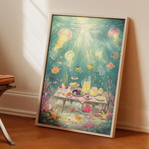 Underwater Jellyfish Fruit Feast | Ocean Themed Digital Art Print | Unique Marine Life Poster | Colorful Sea Creatures Art | Nursery Decor