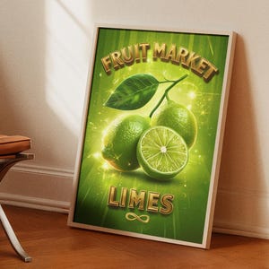 Lime Wall Art Print, Retro Kitchen Decor, Fruit Poster, Digital Download, Green Citrus Artwork, Bar Cafe Wall Print, Food Illustration