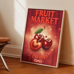 Cherry Wall Art, Fruit Market Poster, Retro Kitchen Decor, Red Cafe Print, Summer Fruit Illustration, Vintage Cherry Print, Rustic Wall Art