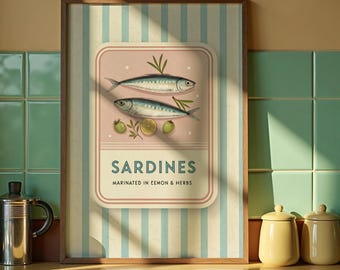 Retro Sardines Kitchen Print: Vintage Coastal Mediterranean Wall Art (Digital Download)