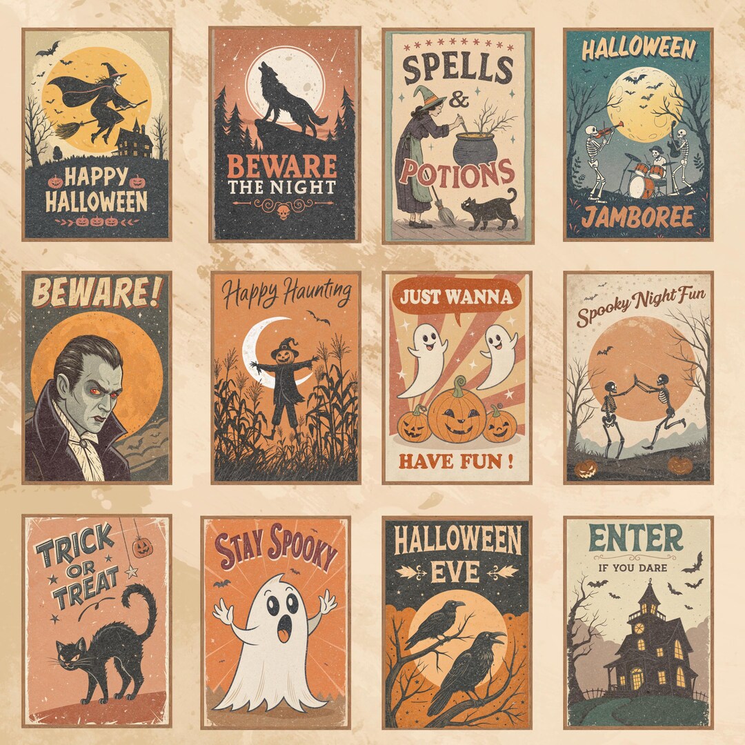 Halloween Wall Art Set of 20 Digital Prints, Vintage Spooky Posters ...