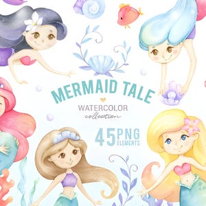 Watercolor Cute Mermaid Clipart PNG Bundle | 45 Sea Creature Illustrations | Mermaid Tale Collection | Kids Birthday Party Digital Download