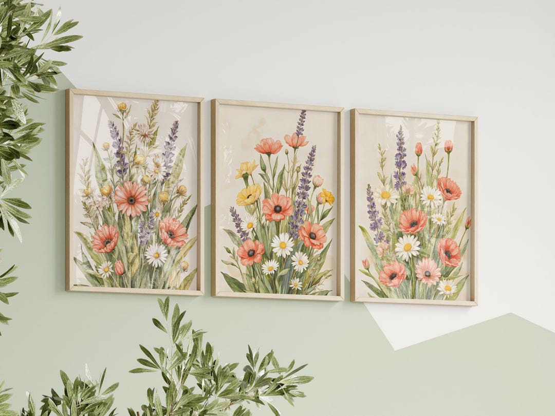 Colorful Wildflower Print Set of 3, Boho Floral Botanical Wall Art ...