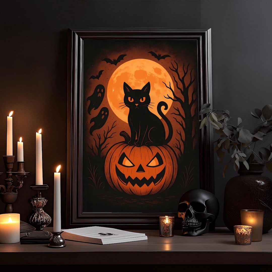 Halloween Black Cat Wall Art | Vintage Pumpkin Poster | Spooky Ghost ...