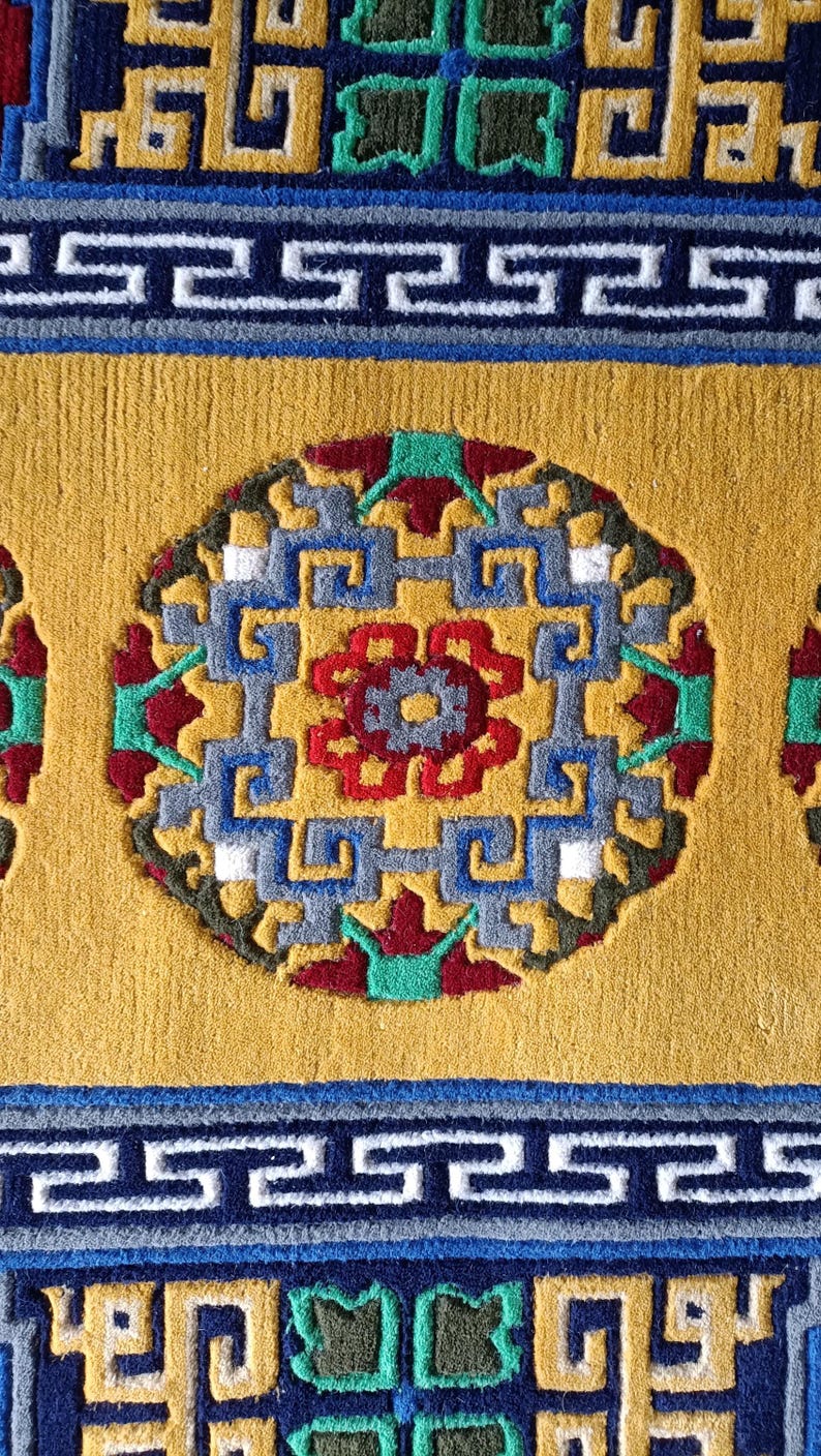 Indo-Tibetan Hand-Knotted Wool Rug – Traditional Yellow & Multicolor Carpet | Sacred Symbol Design Oriental Area Rug with Fringe all size.
