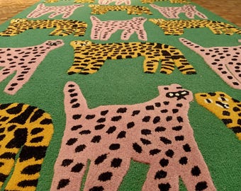 Hand-Tufted Wool Leopard Print Rug: Green, Pink, Yellow - 4x6 ft 2x3 stork