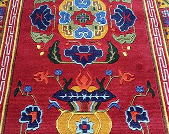 Handmade Tibetan Wool Rug Red Floral Medallion, Geometric Motifs