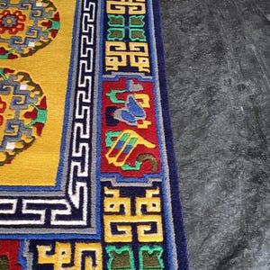 Indo-Tibetan Hand-Knotted Wool Rug – Traditional Yellow & Multicolor Carpet | Sacred Symbol Design Oriental Area Rug with Fringe all size.