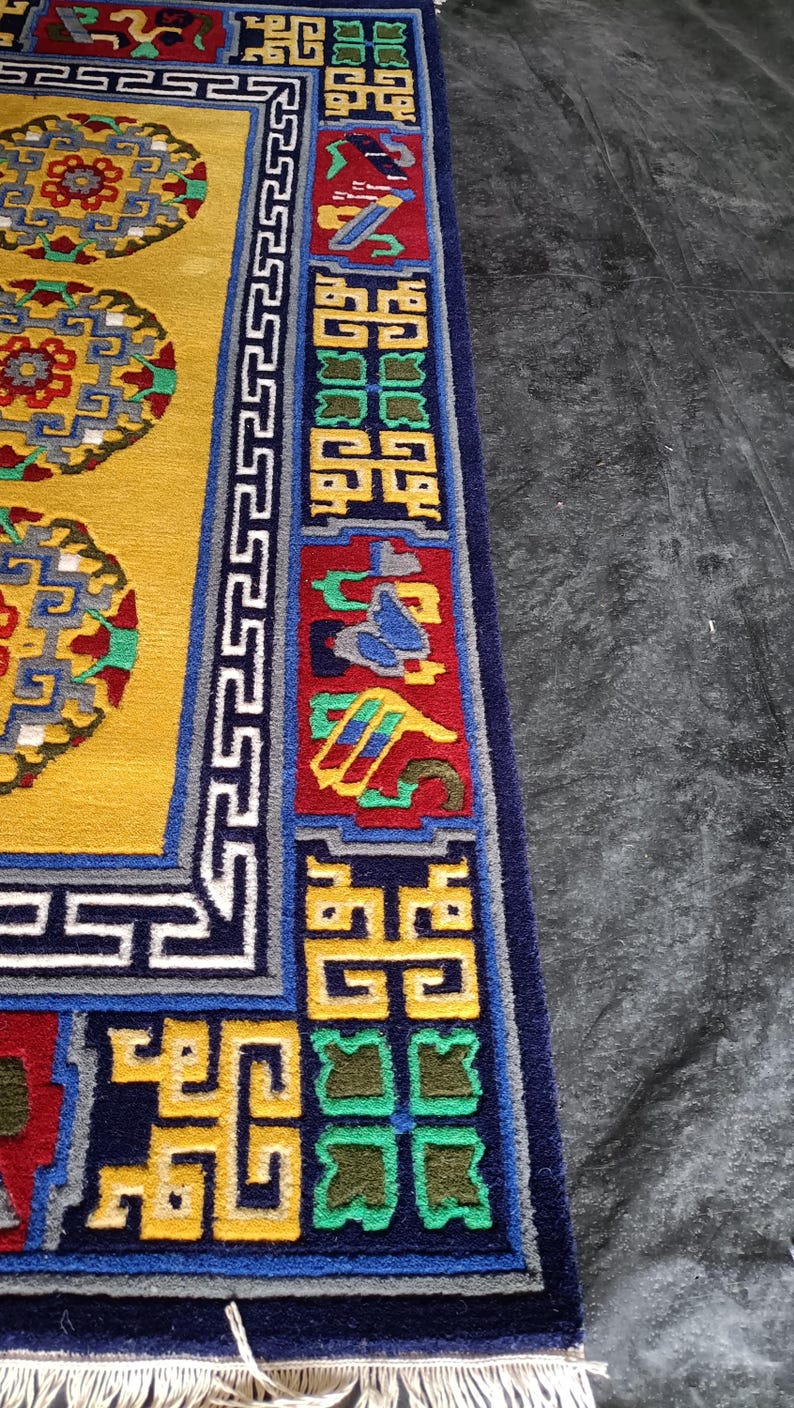 Indo-Tibetan Hand-Knotted Wool Rug – Traditional Yellow & Multicolor Carpet | Sacred Symbol Design Oriental Area Rug with Fringe all size.