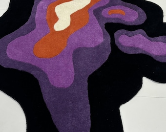 Hand Tufted Wool Rug, Abstract Organic Shape Carpet, Purple Black Contemporary Area Rug.