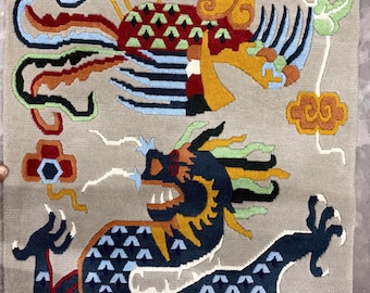 Handmade Tibetan Dragon Wool Rug – Vintage Oushak Style