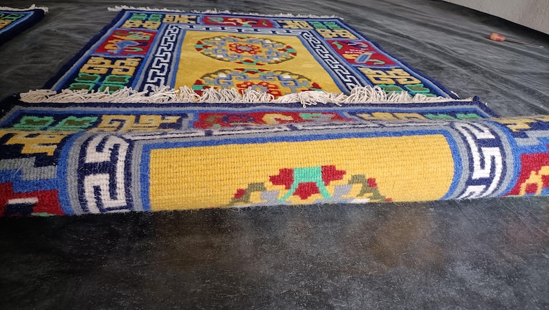 Indo-Tibetan Hand-Knotted Wool Rug – Traditional Yellow & Multicolor Carpet | Sacred Symbol Design Oriental Area Rug with Fringe all size.