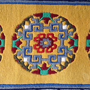 Indo-Tibetan Hand-Knotted Wool Rug – Traditional Yellow & Multicolor Carpet | Sacred Symbol Design Oriental Area Rug with Fringe all size.