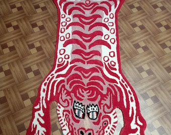 Hand-Tufted Wool Tibetan Tiger Rug: Red Animal Motif Carpet