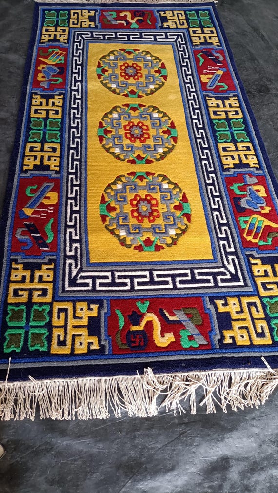 Hand-Knotted Indo-Tibetan Wool Rug: Sacred Symbol Oriental Carpet