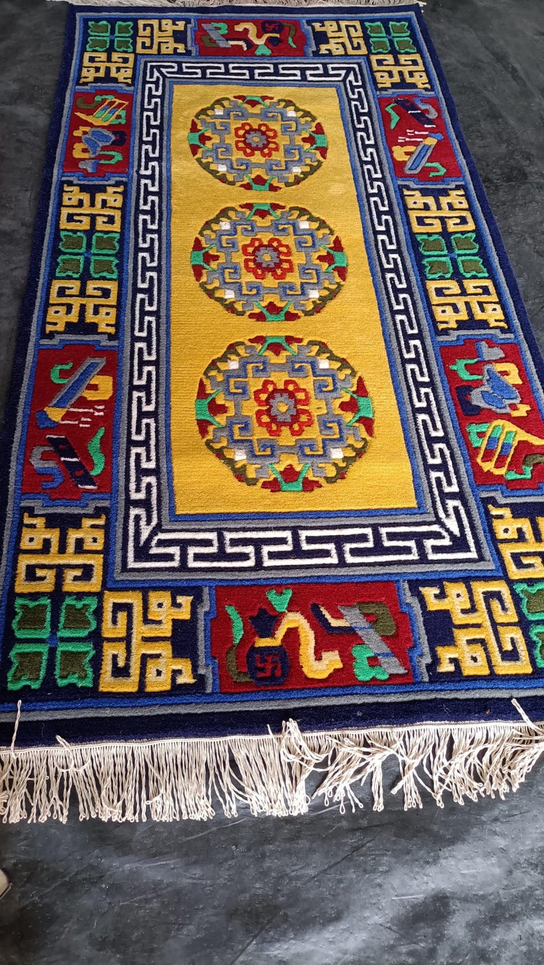 Indo-Tibetan Hand-Knotted Wool Rug – Traditional Yellow & Multicolor Carpet | Sacred Symbol Design Oriental Area Rug with Fringe all size.