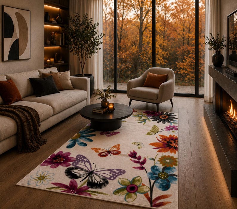 Colorful Rug Design Handmade Wool Runner Rug, Colorful Floral Butterfly Botanical Design ...