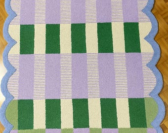 Handmade Pastel Plaid Rug: Scalloped Tufted Wool Blend Carpet