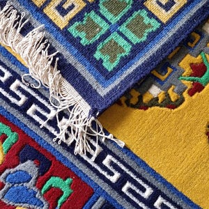 Indo-Tibetan Hand-Knotted Wool Rug – Traditional Yellow & Multicolor Carpet | Sacred Symbol Design Oriental Area Rug with Fringe all size.