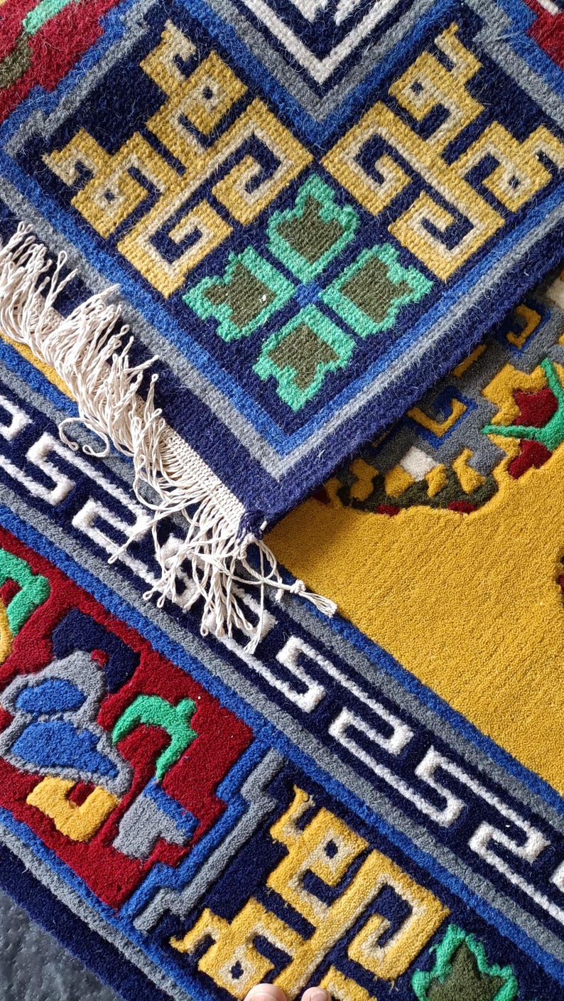 Indo-Tibetan Hand-Knotted Wool Rug – Traditional Yellow & Multicolor Carpet | Sacred Symbol Design Oriental Area Rug with Fringe all size.