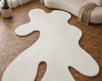 Hand-Tufted Wool Abstract Rug: Irregular White Plush Carpet for Modern Living Room