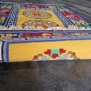 Indo-Tibetan Hand-Knotted Wool Rug – Traditional Yellow & Multicolor Carpet | Sacred Symbol Design Oriental Area Rug with Fringe all size.