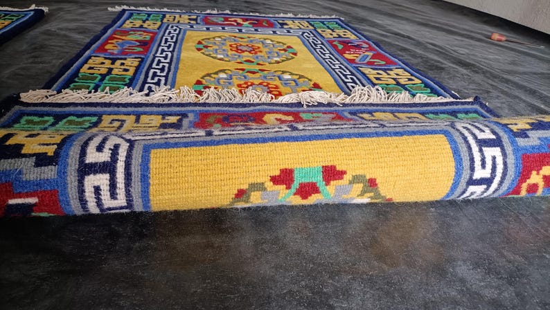 Indo-Tibetan Hand-Knotted Wool Rug – Traditional Yellow & Multicolor Carpet | Sacred Symbol Design Oriental Area Rug with Fringe all size.