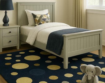 Handmade Navy Wool Rug: Modern Gold Circle Geometric Carpet