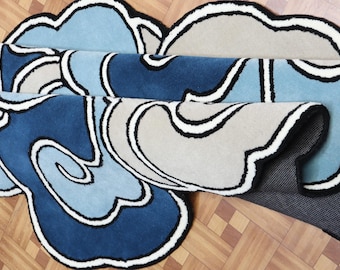 Abstract Hand-Tufted Wool Area Cloud shape Kids room Sky design Handmade Blue  Irregular  Carpet.