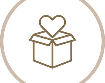 May include: A brown line art icon featuring an open square box with a heart shape emerging from the top, all enclosed within a circular border. The design uses simple, clean lines to depict the gift box and heart symbol in a minimalist style.