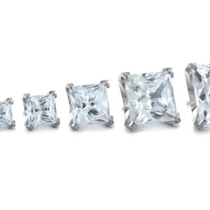 May include: A collection of six square-cut, clear cubic zirconia stud earrings in graduated sizes. Each earring is set in a silver-colored metal setting, displayed against a white background. The earrings are arranged from smallest to largest.